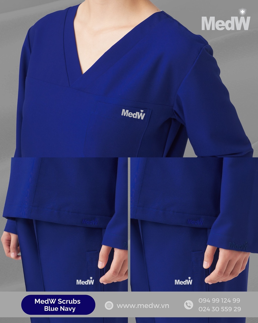 MedW Athena Scrubs Y Tế Blue Navy (Dài Tay Nữ) Xanh Navy Bộ Trang Phục Bác Sĩ, Điều Dưỡng, Đồng Phục Y Tế Thẩm Mỹ, Nha Khoa, Da Liễu Vật Liệu Cotton Nhật Không Bám Dính, Xếp Ly Không Nhăn, Dáng Suông Vận Động Tự Do. MedW Thêu Tên Logo Thương Hiệu Riêng