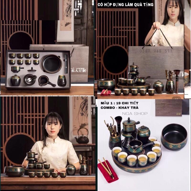 Combo - Khay + Bộ ấm chén pha trà đẹp cối xay gốm sứ cao cấp,Bộ chén uống trà đạo 18 chi tiết hoa cẩm xanh -MK2