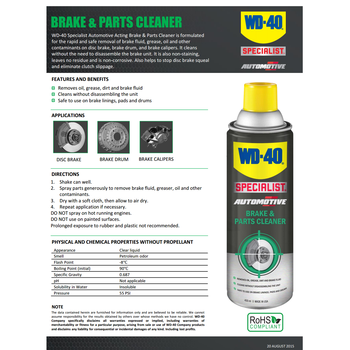 Chai Làm sạch cụm thắng/phanh WD-40 Brake & Parts Cleaner 450ml