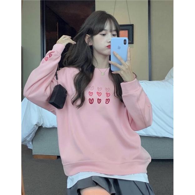 Áo khoác sweater chui đầu thêu tim nỉ ngoại tay phồng unisex ulzzang nam nữ