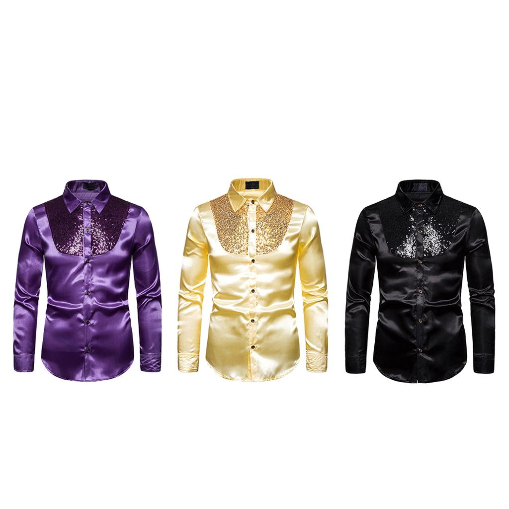 Mens Fashion Button Down Shirts Long Sleeve Sequins Tops Shirt M