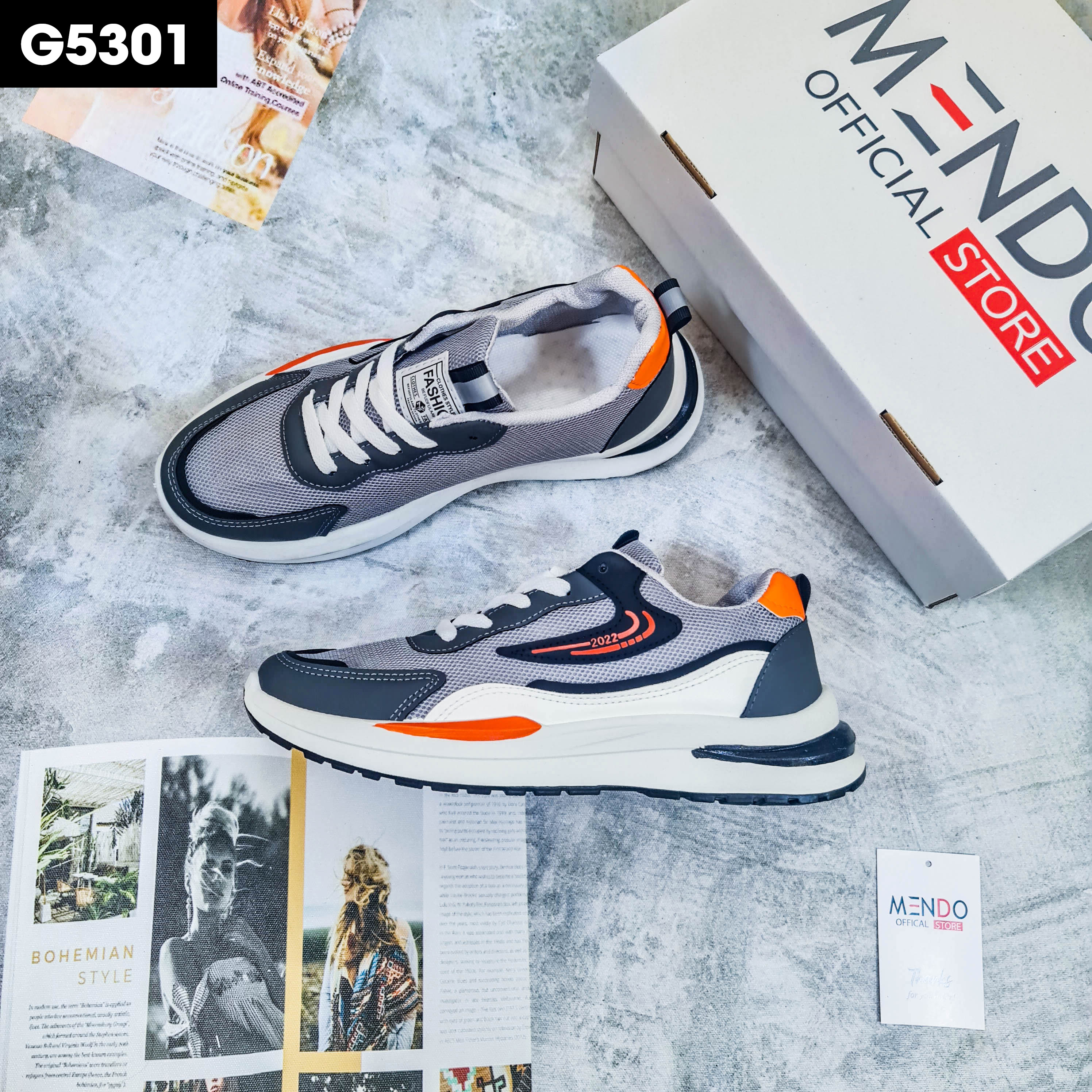 Giày Thể Thao Nam MENDO - Giày Sneaker Màu Xám - Đen, Đế Êm, Form Dáng Hàn Quốc - G5301