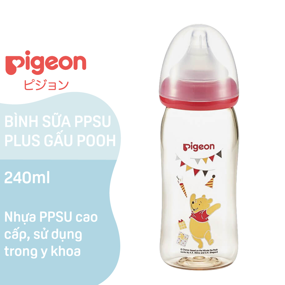 [TẶNG CÂY SÚC RỬA BÌNH SỮA &amp; NÚM VÚ] Bình sữa cổ rộng PPSU Plus Gấu Pooh Pigeon 240ml (M) - HSD 08/2024