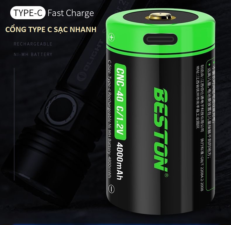 Combo 2 Pin sạc cỡ C Beston 1.2V Dung lượng cao 4000mAh Sạc trực tiếp bằng dây USB cổng sạc type C