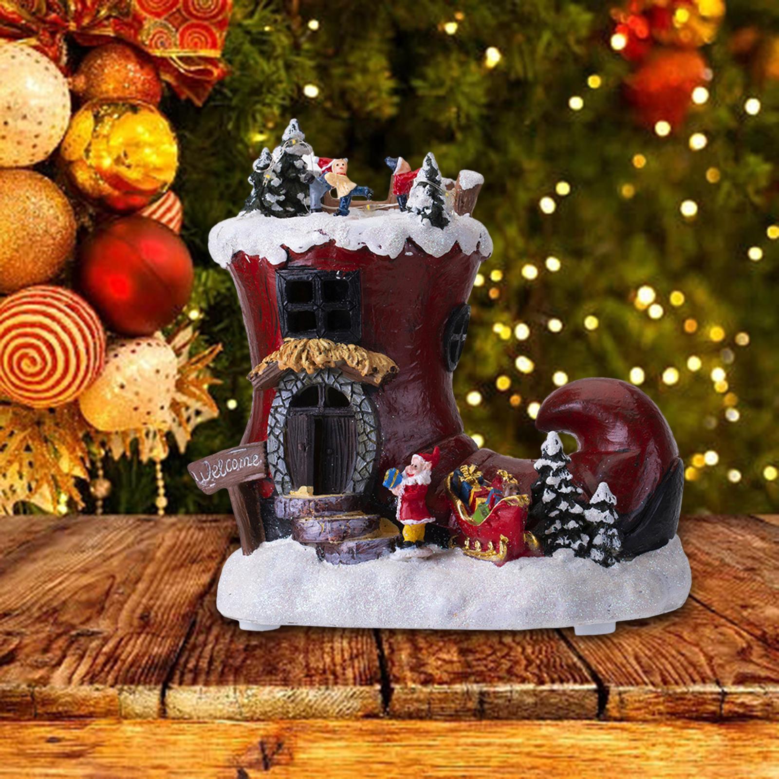 Rotating Boot House Music Box Christmas Ornament Table Centerpiece with Light Santa Claus Figurines for Home Dorm Restaurant