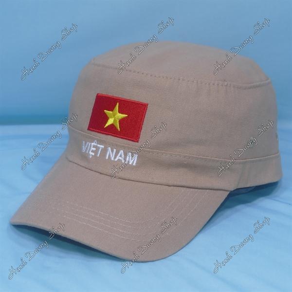 Nón lính mũ lưỡi trai đầu bằng thêu chữ Việt Nam phía sau khóa dán - Kaki đậm