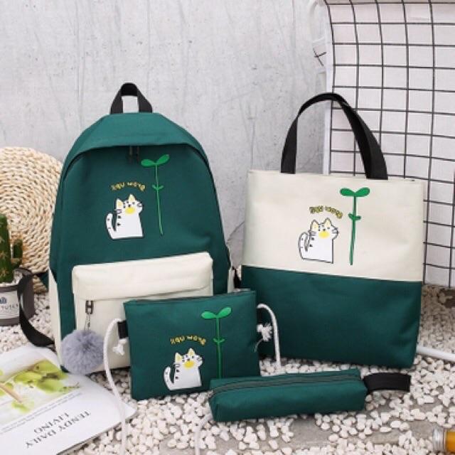 Balo nữ combo 4 món đi học thời trang sinh viên học sinh ba lô set cặp thời trang đựng laptop Balo Set 4 Món Chú Mèo Cây Mầm balo nữ vải