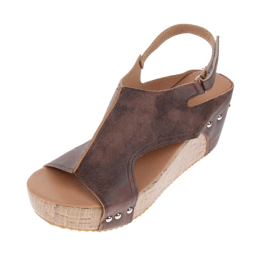 Retro Studded Cork Platform Wedge Sandal Leather Upper Open Toe for Women
