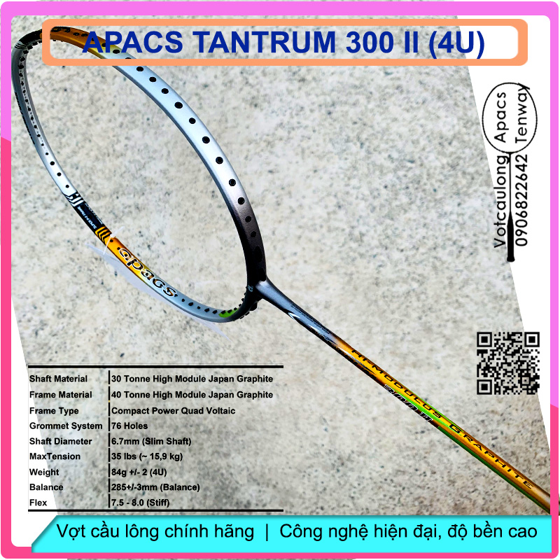 Vợt cầu lông Apacs Tantrum 300 II - 4U | Vợt cân bằng công thủ, thân đũa công nghệ mới, kiểm soát cầu tốt, chịu lực đan lưới cao