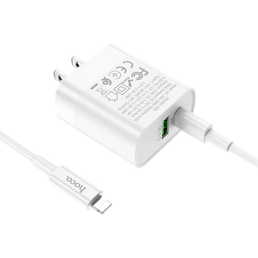 Củ sạc nhanh hoco. C80A – Hàng Chính Hãng 2 cổng ( USB + Type- C ) 3.1A, PD 20W, Q.C 3.0 hỗ trợ sạc nhanh cho điện thoại