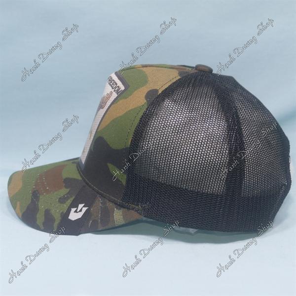 Nón kết lưới in đại bàng in chữ Freedom phía sau khóa nhựa phía trong và trước có tem vòng đầu 55-58cm - Lính
