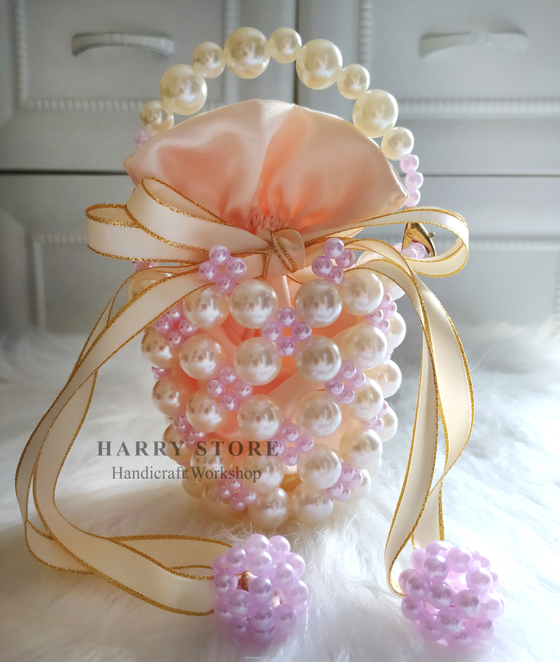 Túi handmade tự đan ngọc trai HRRB-T size M, Túi xách cho nữ đi chơi/ dự tiệc/ công sở