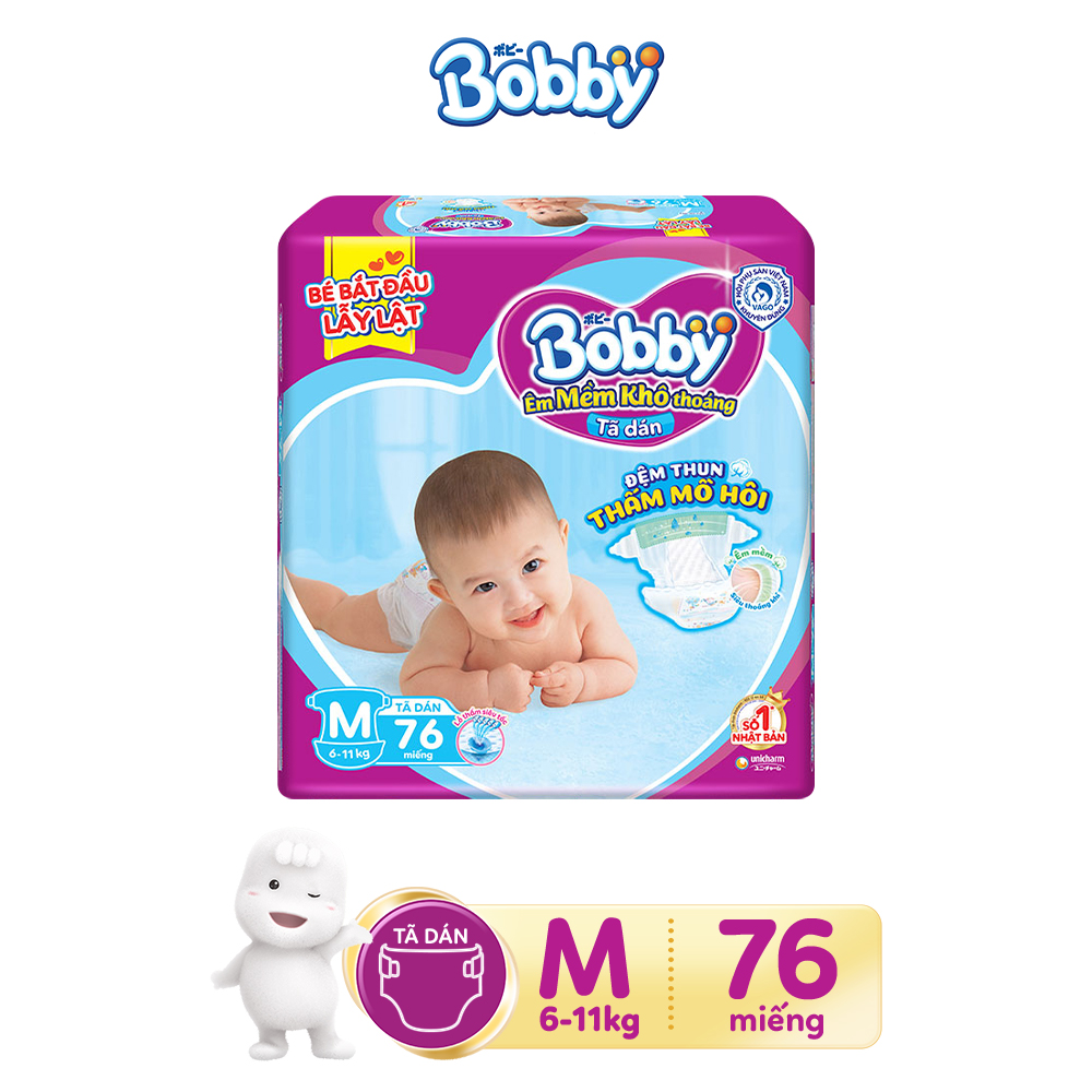 Combo 1 Tã dán Bobby đệm thun thấm mồ hôi M76 và 1 Gói khăn ướt  trẻ em Bobby care không hương 100 tờ