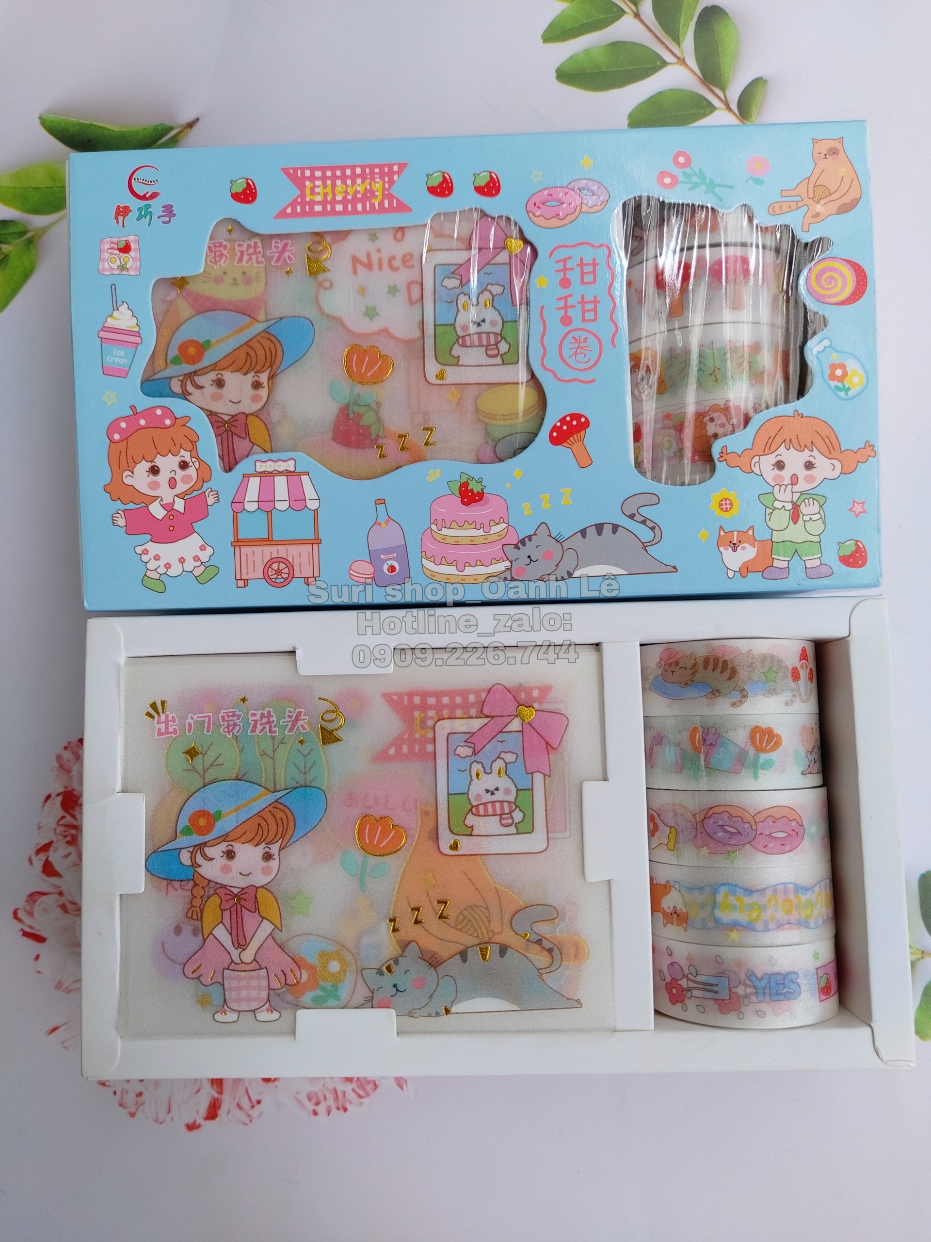 Hộp 5 cuộn Washi và 9 miếng sticker dễ thương