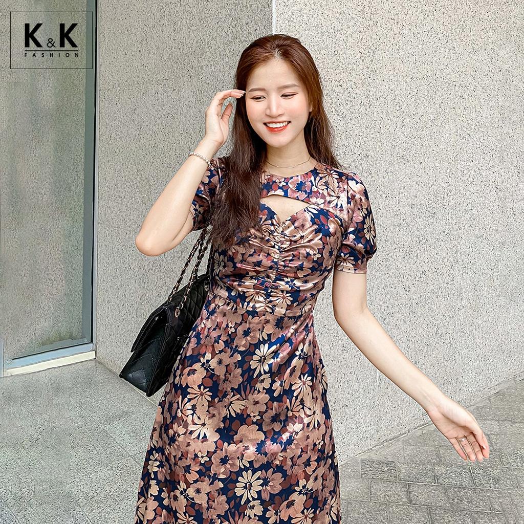 Đầm Hoa Midi Dáng Xòe Nhún Ngực K&amp;K Fashion KK120-32 Chất Liệu Lụa