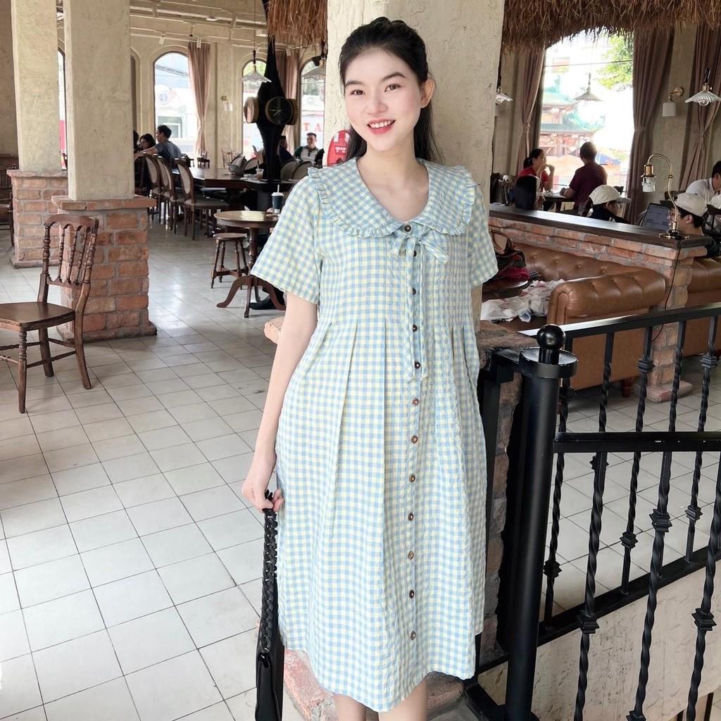 Đầm bầu karo cổ bèo thắt nơ dáng suông dễ thương, trẻ trung, năng động Nữ Women - Hồng sen