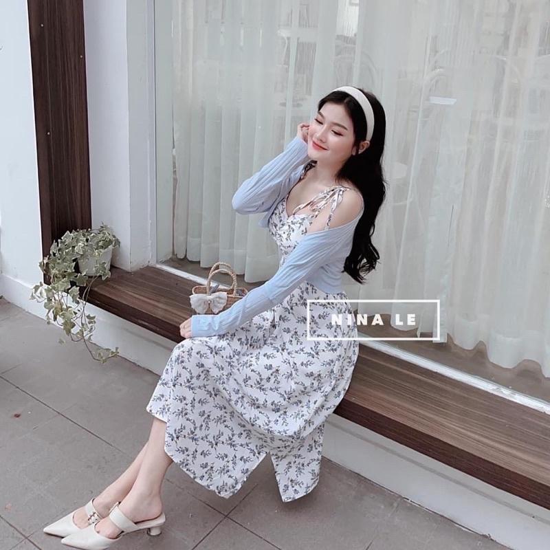 007 - SET ĐẦM MIDI HOA 2S KÈM KHOÁC XANH
