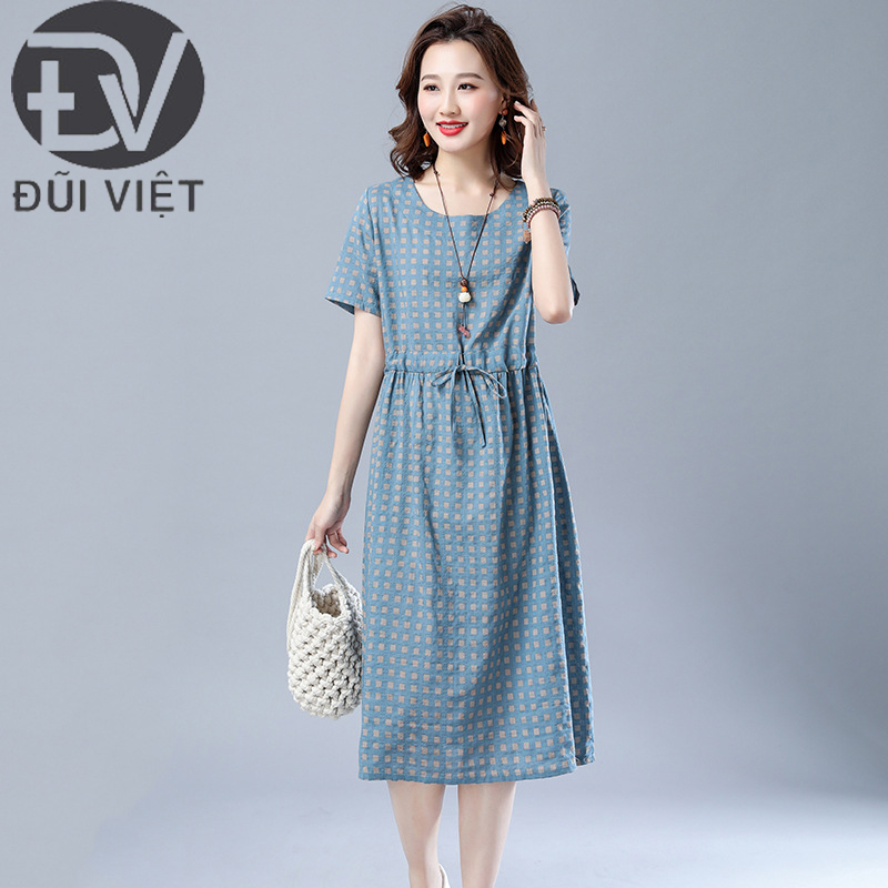 Đầm linen dáng suông chỉnh được eo, đầm công sở thiết kế cổ tròn tay ngắn kẻ caro Đũi Việt Dv168