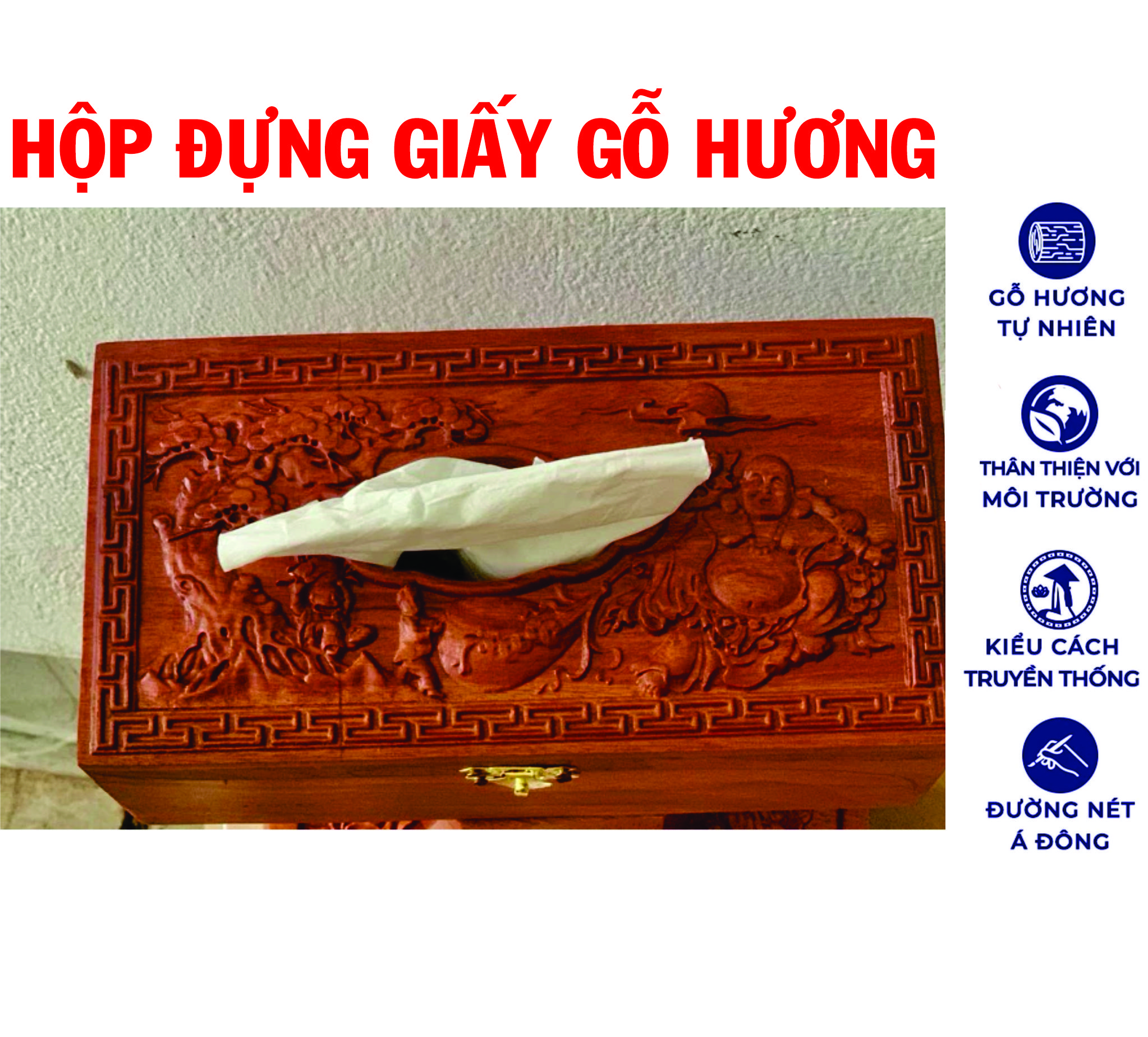 Hộp Khăn Giấy Ăn Để Bàn Gỗ Hương Trạm Khắc Di Lạc kéo Tiền Sang Trọng Tiện Dụng Cao Cấp
