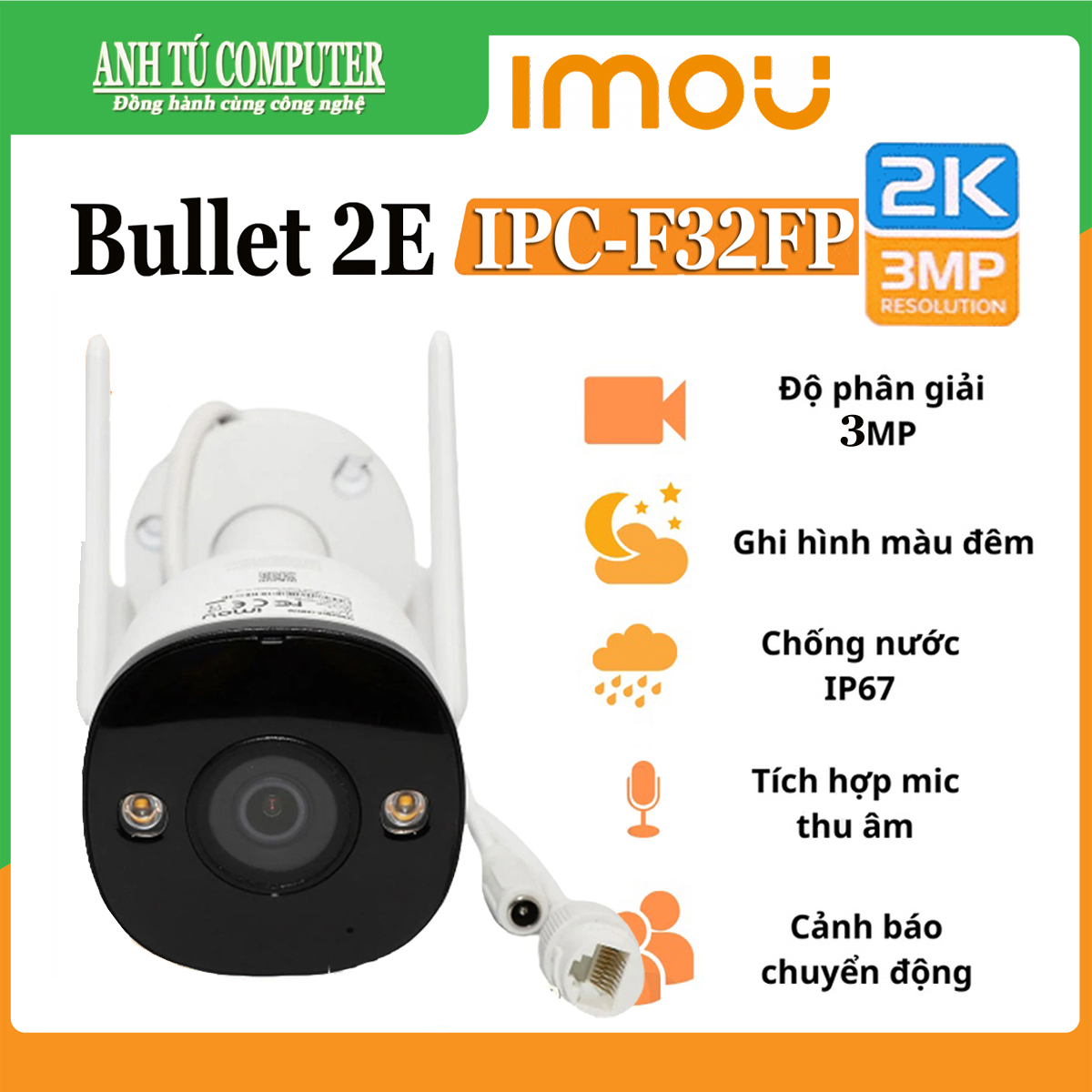 Camera IP Wifi 3MP 2K ngoài trời IMOU BULLET 2E F32FP hàng chính hãng