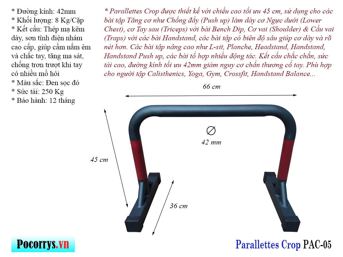 Xà kép Parallettes Crop cao 45cm, Pocorrys PAC-05, Màu đen đỏ