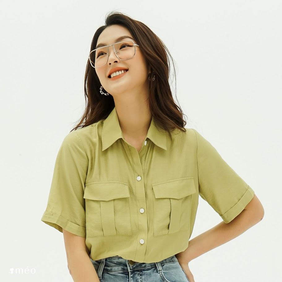 Áo sơ mi nữ công sở nữ Méo shop ngắn tay kiểu Hàn form rộng túi hộp Pocket shirt