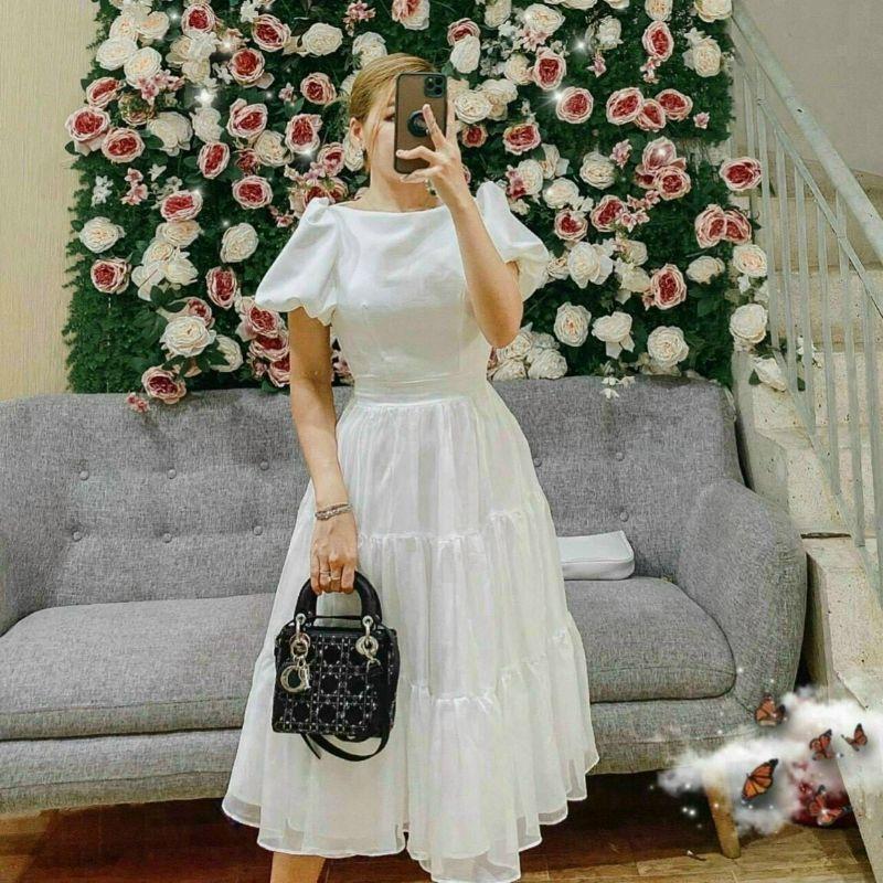 Đầm dự tiệc cổ thuyền tầng trắng