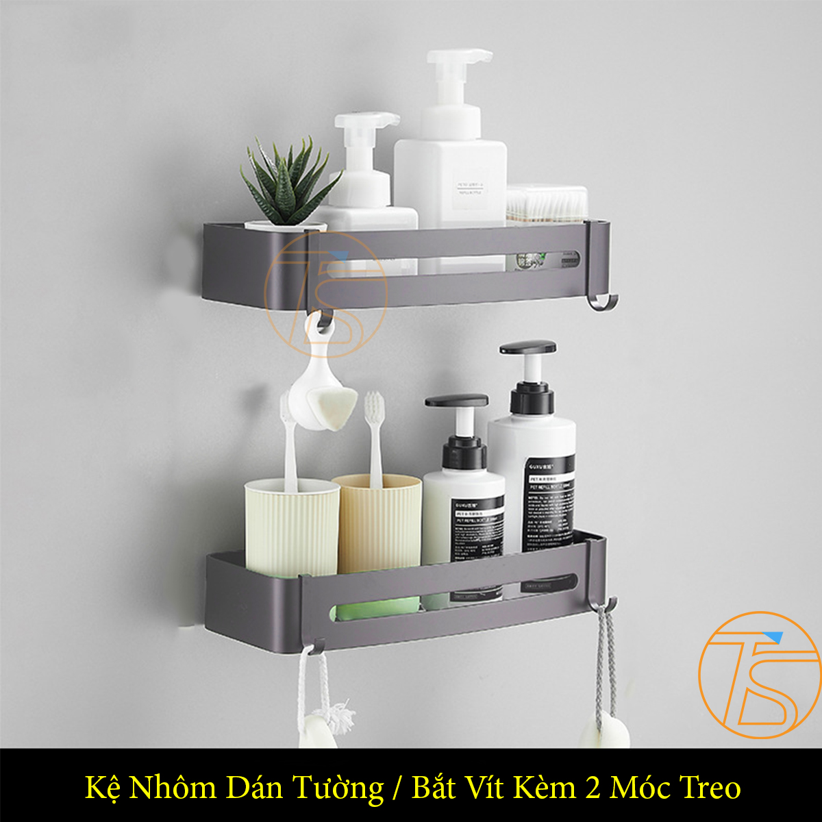 Kệ nhôm dán tường kèm 2 móc treo để đồ trong phòng tắm, phòng bếp kèm keo và ốc vít