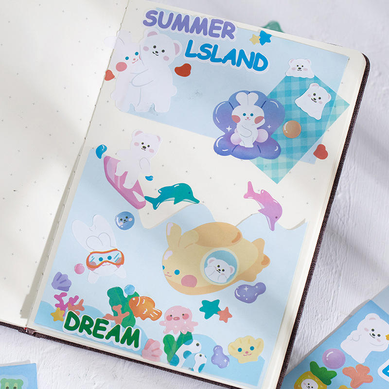 Set 2 tấm sticker hoạt hình Gấu Kem - Bộ nhãn dán trang trí sổ tay bullet journal - M450