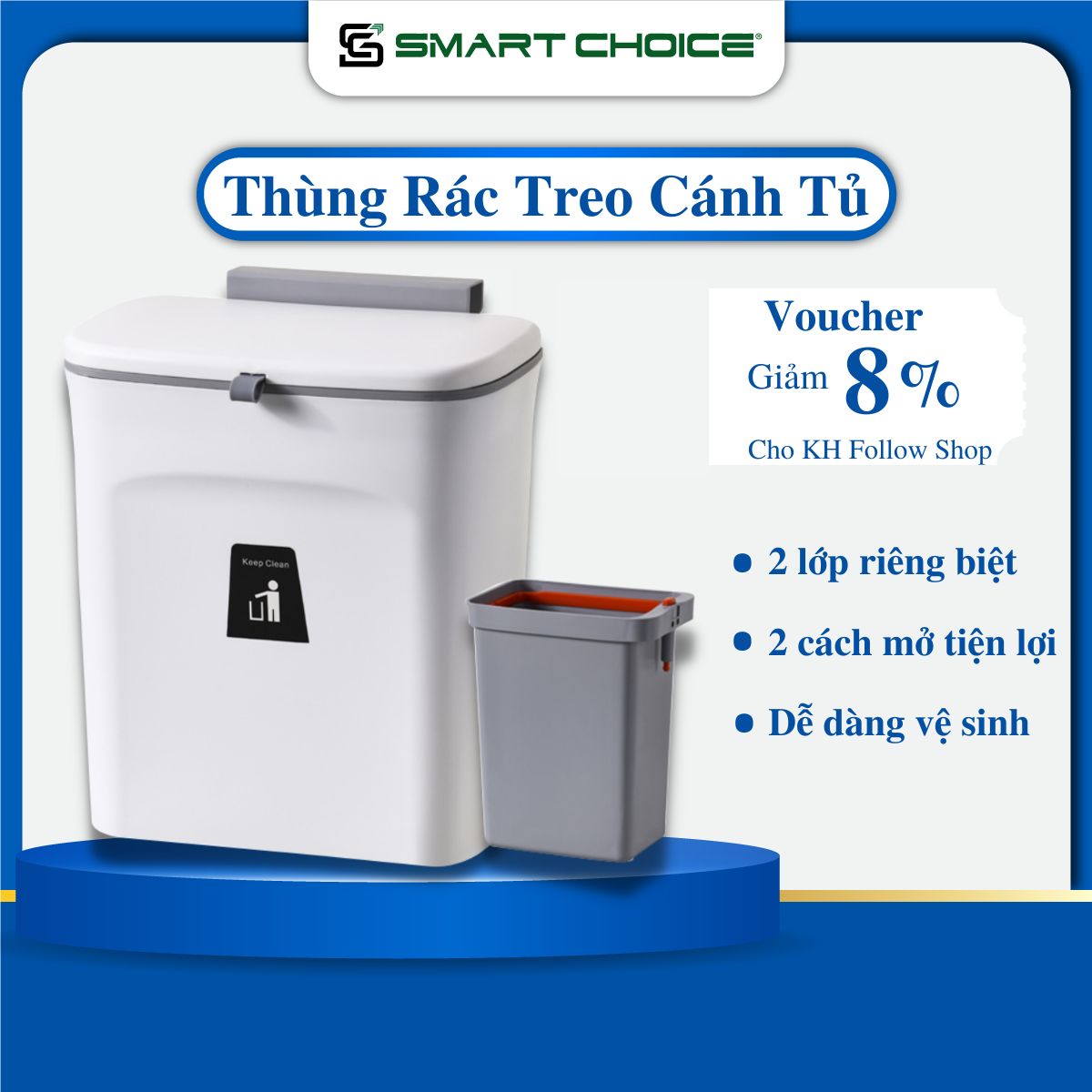 Thùng Rác Treo Tủ Bếp 9L Thông Minh SMARTCHOICE, Sọt Rác Nắp Trượt Treo Tường Kèm Ruột Tách Rời Có Quai Xách Dễ Vệ Sinh