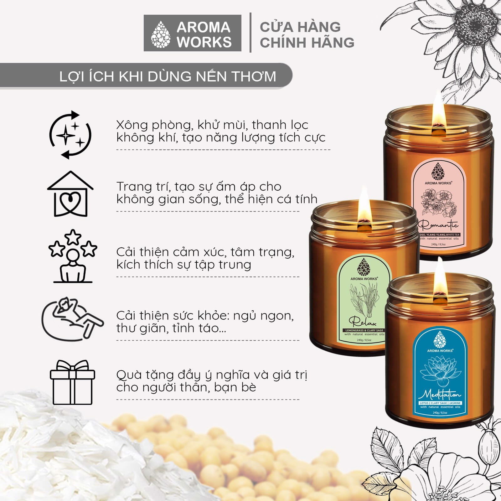 Nến Thơm Tinh Dầu Aroma Works liệu pháp mùi hương giúp dễ ngủ, thư giãn, thoải mái, lãng mạn, thiền, tăng năng lượng 240g