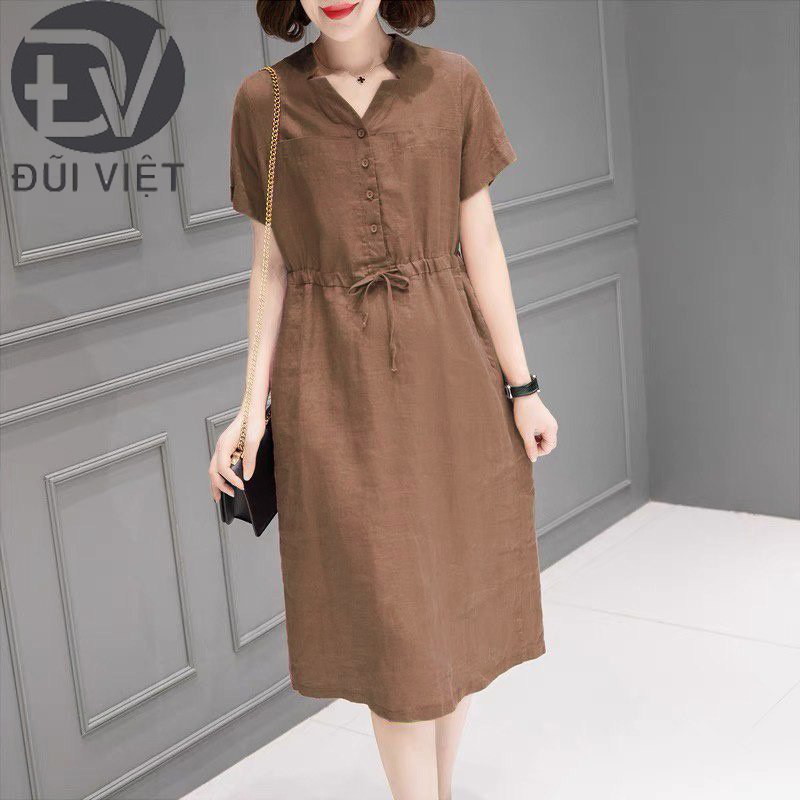 Đầm suông linen cổ V, kèm dây eo tự chỉnh ,phong cách Hàn Quốc thời trang Đũi Việt DV164