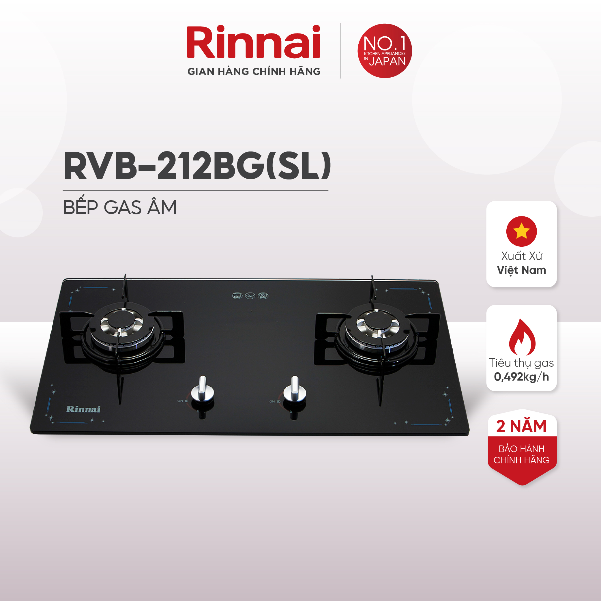 Bếp gas âm Rinnai RVB-212BG mặt bếp kính và kiềng bếp men - Hàng chính hãng.