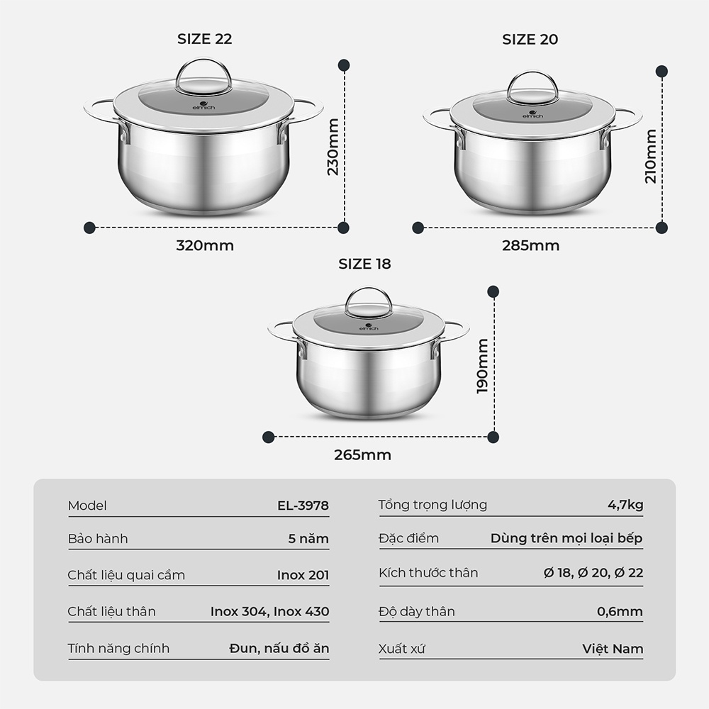 Bộ Nồi 5 đáy Inox 304 Elmich Celestine EL-3978 (Size 18,20,22cm) - Hàng Chính Hãng