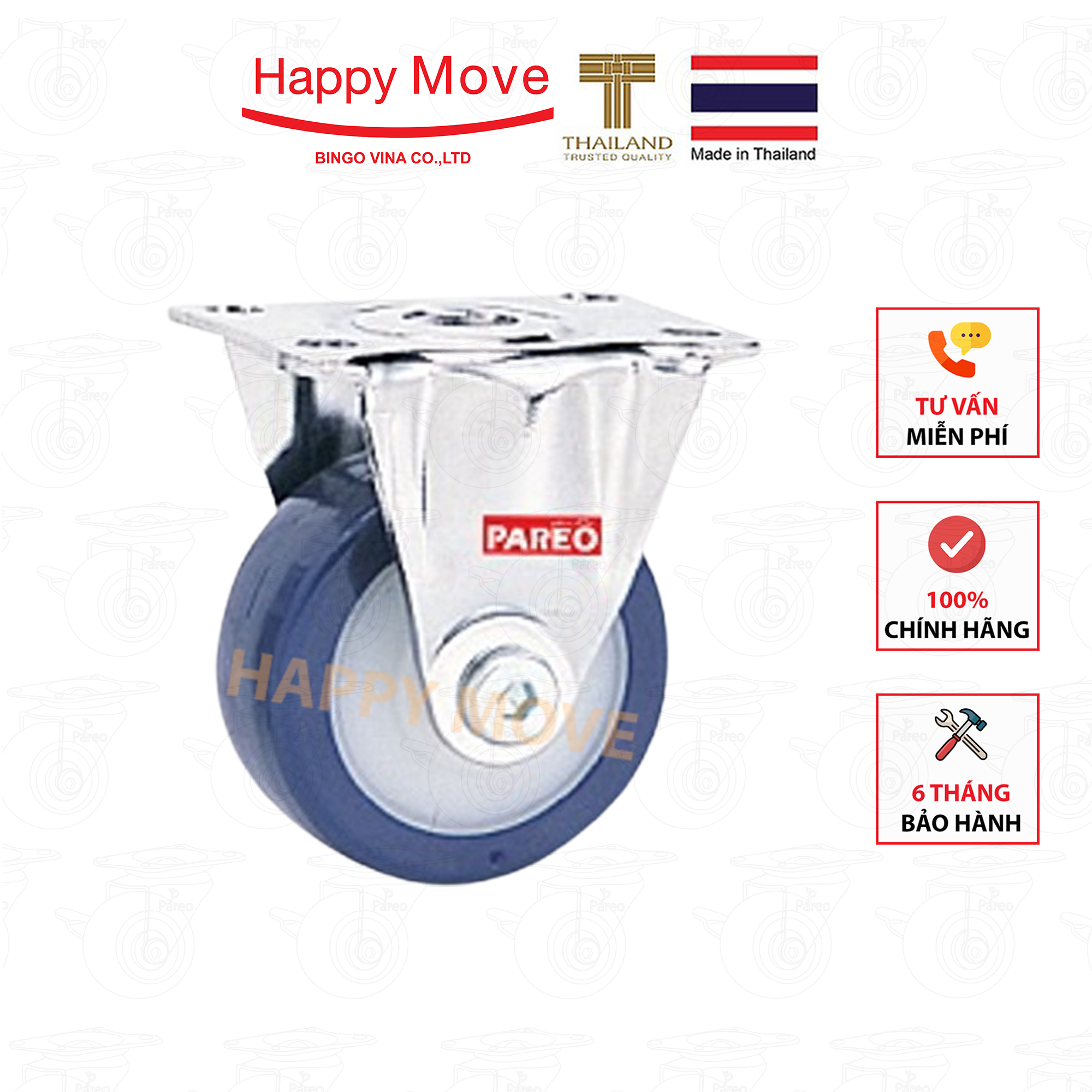 Bánh xe đẩy PU tải nhẹ càng cố định - 50-65-75mm - Happy Move Thái Lan