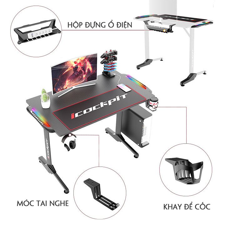 Bàn Gaming Cao Cấp. Bàn Chơi Game. Bàn Game Sợi Cacbon Có Đèn LED RGB Cảm Biến. Bàn Làm Việc Cao Cấp. Bàn Gaming PC, Bàn Máy Tính, Bàn Game