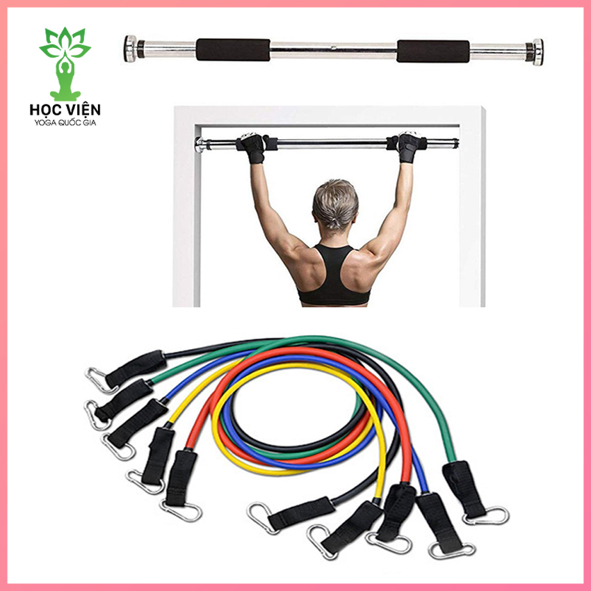 Combo 2 dụng cụ tập Gym : 1 xà đơn gắn tường + 1 bộ 5 dây ngũ sắc - Có độ dài tuỳ chỉnh chốt khoá an toàn chất liệu thép chịu lực tốt hỗ trợ tập Gym cơ bắp săn chắc , chịu lực tốt