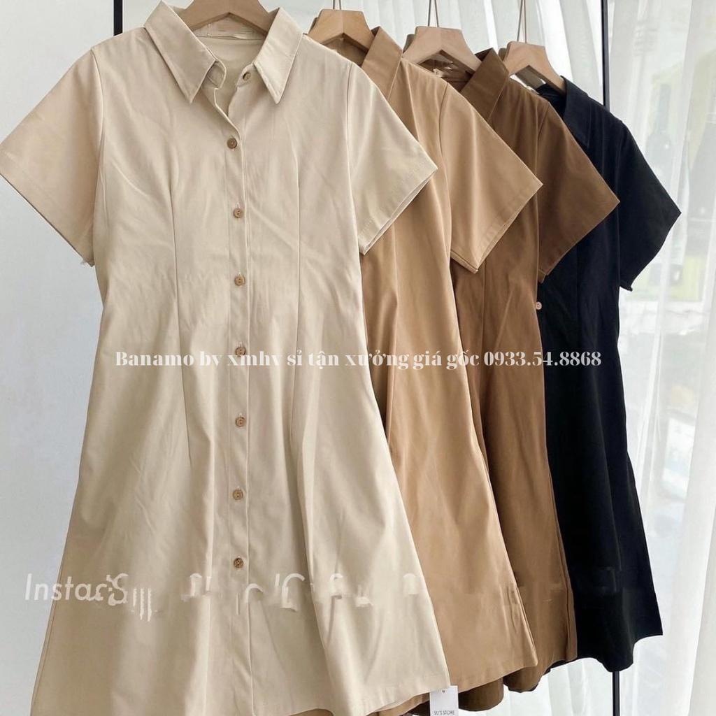 Đầm váy nữ basic cổ sơ mi cài cúc chiết lưng chun nhiều màu thời trang váy nữ cộc tay nhiều màu 5915