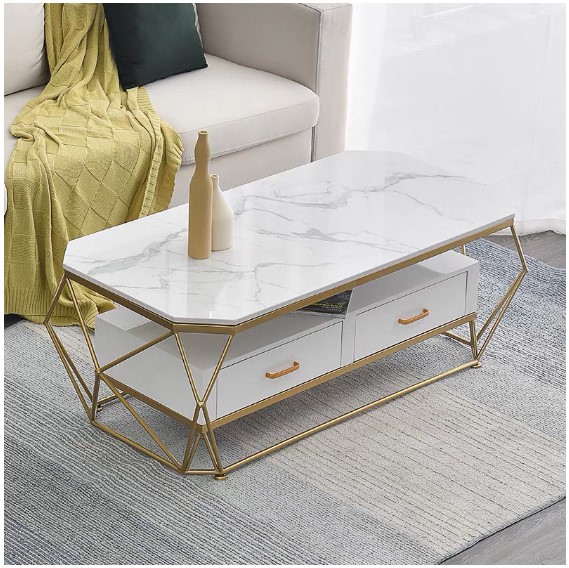 Bàn trà sofa dài, khung kim cương, mặt đá 3D, 2 ngăn kéo chứa đồ