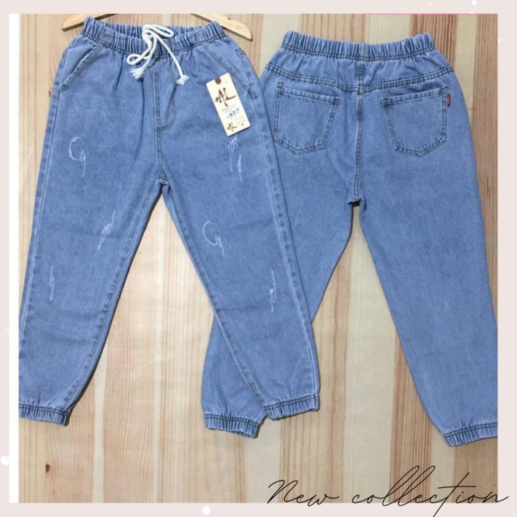 Quần jean baggy cào xước tua lai lưng thun mau xanh nhạt size 35-52kg