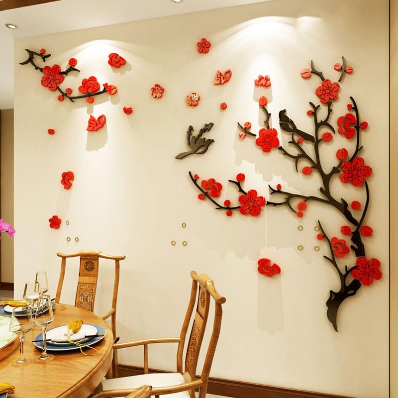 Tranh dán tường mica 3d decor khổ lớn hoa đào trang trí tết phòng khách, phòng ngủ