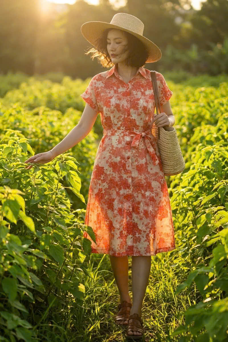 Đầm Sơ Mi Ramie Hoa Đỏ Thanh Minh Dre232 Thời trang Hity