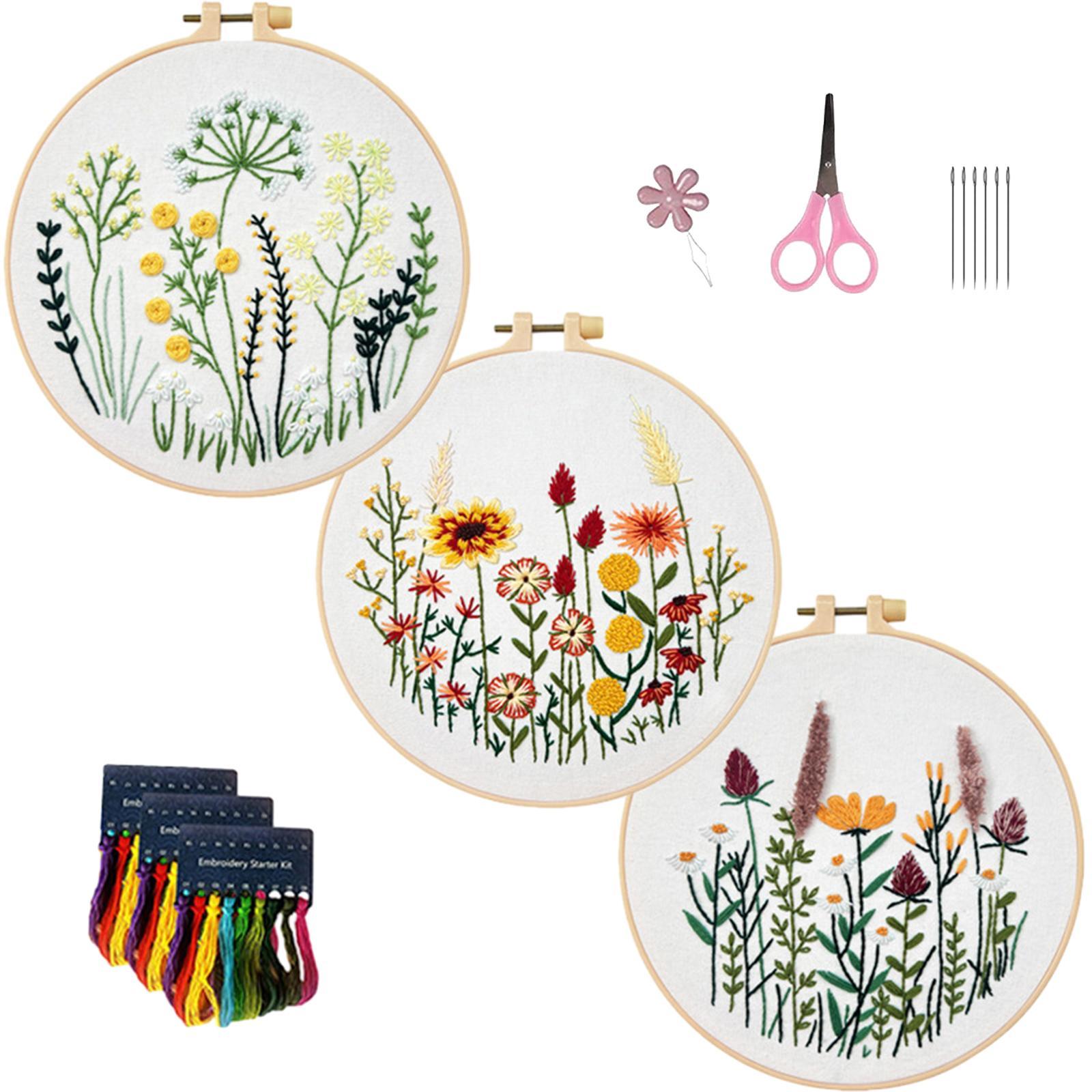 3Pcs Embroidery Set Cross Stitch Handmade Sewing Accessories Starter Tools Plants Pattern for Adults Handcraft Enthusiast