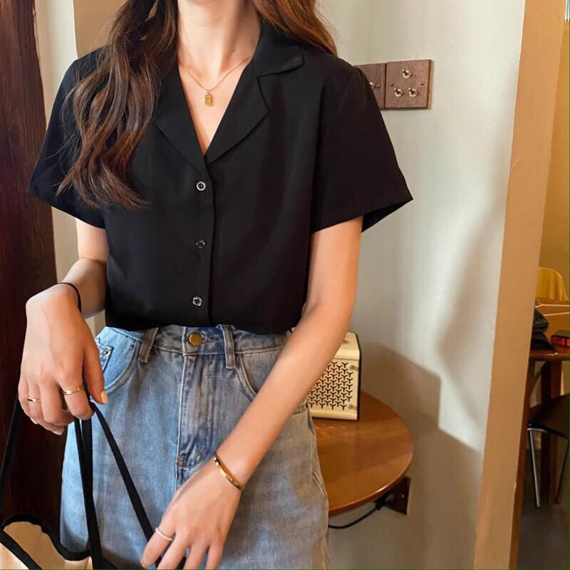 Áo Sơ Mi Tay Ngắn Cổ Vest Trơn Nam Nữ Unisex