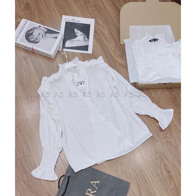 Áo sơ mi nữ cổ bèo cách điệu tay chun sang chảnh