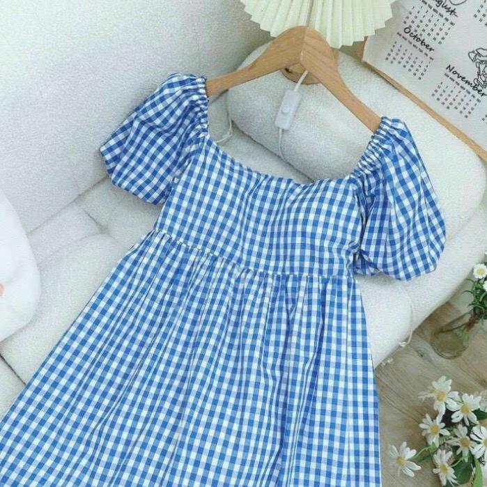 Đầm Maxi Cổ Vuông Tay Phồng / Váy Suông Dài Kẻ Caro Tiểu Thư MX020 Màu HotTrend Cun Fashion