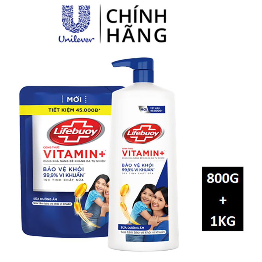 Combo Sữa Tắm Lifebuoy Sạch Khuẩn Chăm Sóc Da Ngăn Ngừa Vi Khuẩn Lây Lan Với Ion Bạc+ Hỗ Trợ Cùng Đề Kháng Da Tự Nhiên Chai 1KG + Túi 800G