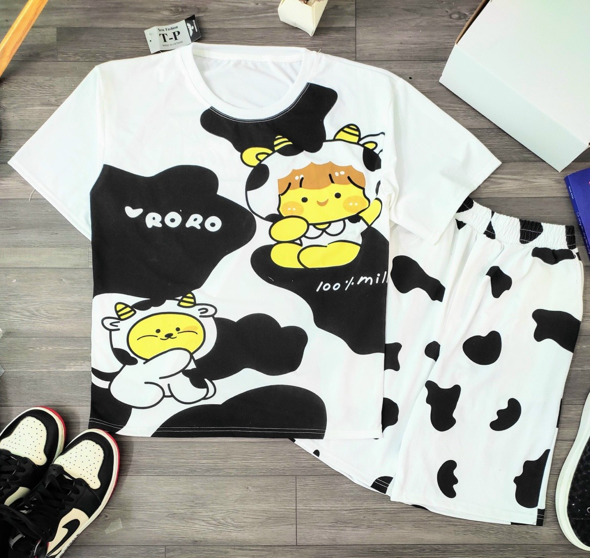 Set Đồ Bộ Nữ Bò Sữa RORO CuteHOT RẺ ĐẸPĐồ Mặc Nhà Áo Thun Rộng Unisex Tay Lỡ Mặt Cười Chấm Bi Quần Kiểu short Đùi-Suit - HIỀN LINH UY TIN SHOP SET ĐỒ BỘ THUN
