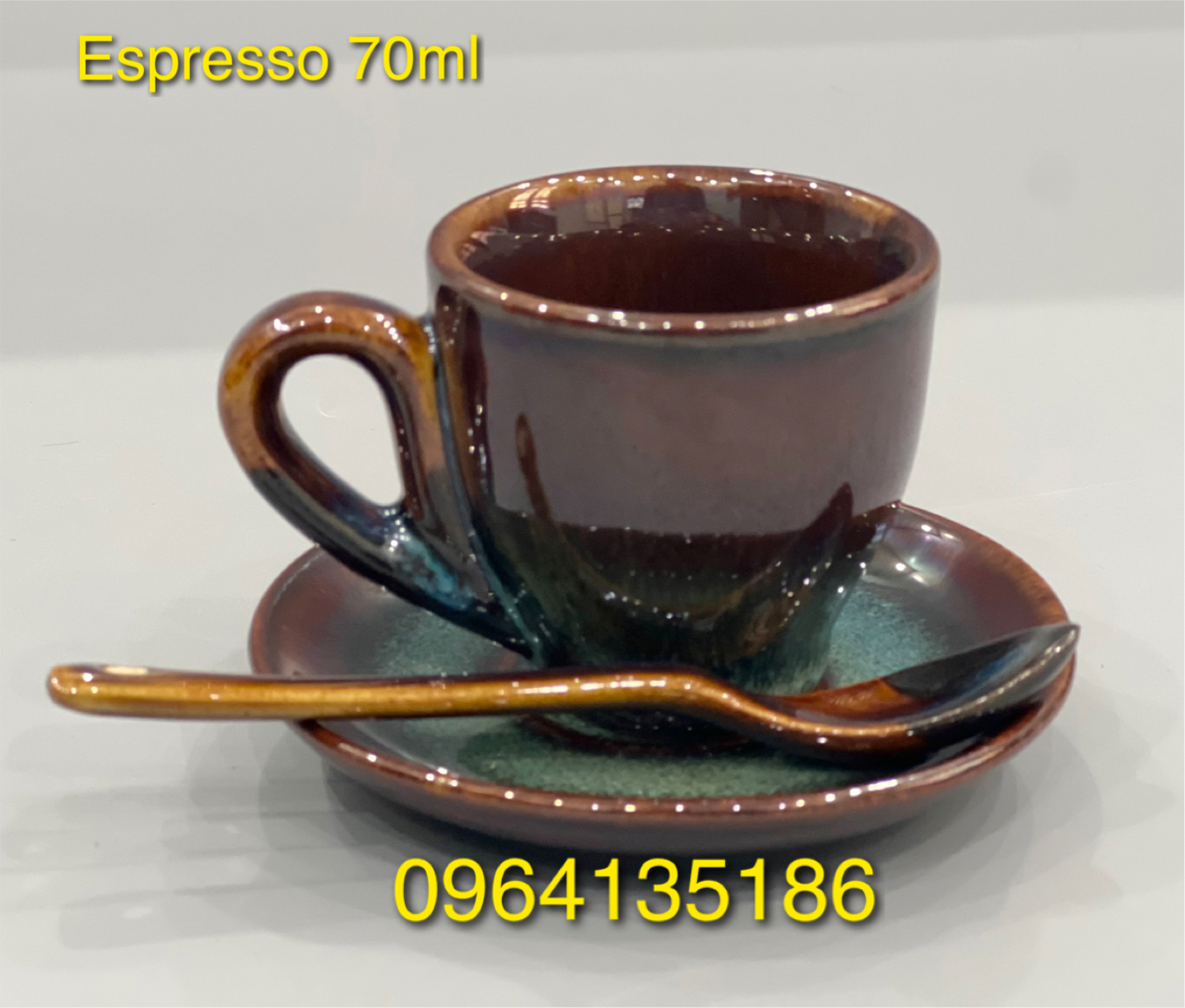 Set Cốc cà phê espresso gốm sứ Bát Tràng 70ml men hoả biến lam