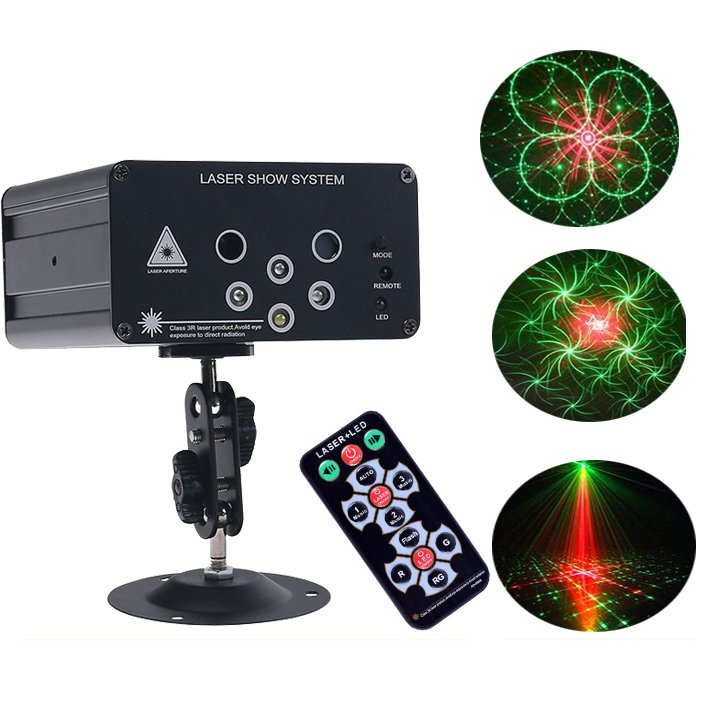 Đèn trang trí laser 6 mắt, đèn bay phòng nháy được 48 kiểu nháy khác nhau, đèn led trang trí kèm điều khiển từ xa, đèn trang trí quán cà phê và karaoke.